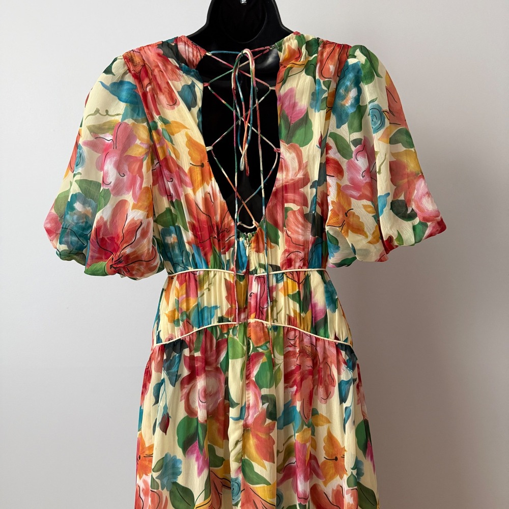 ONE33 Social sz 2 Floral Puff Sleeve Lace Up Back Maxi Dress Multicolor NWOT - Picture 6 of 9